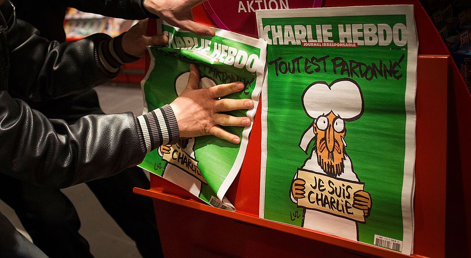 Copies of Charlie Hebdo on sale, 16 January 2015, Berlin, Germany.