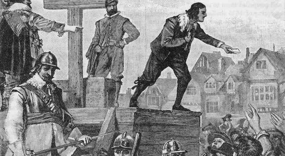 John Lilburne (1614 -1657) on the pillory at Westminster, London, 1638.