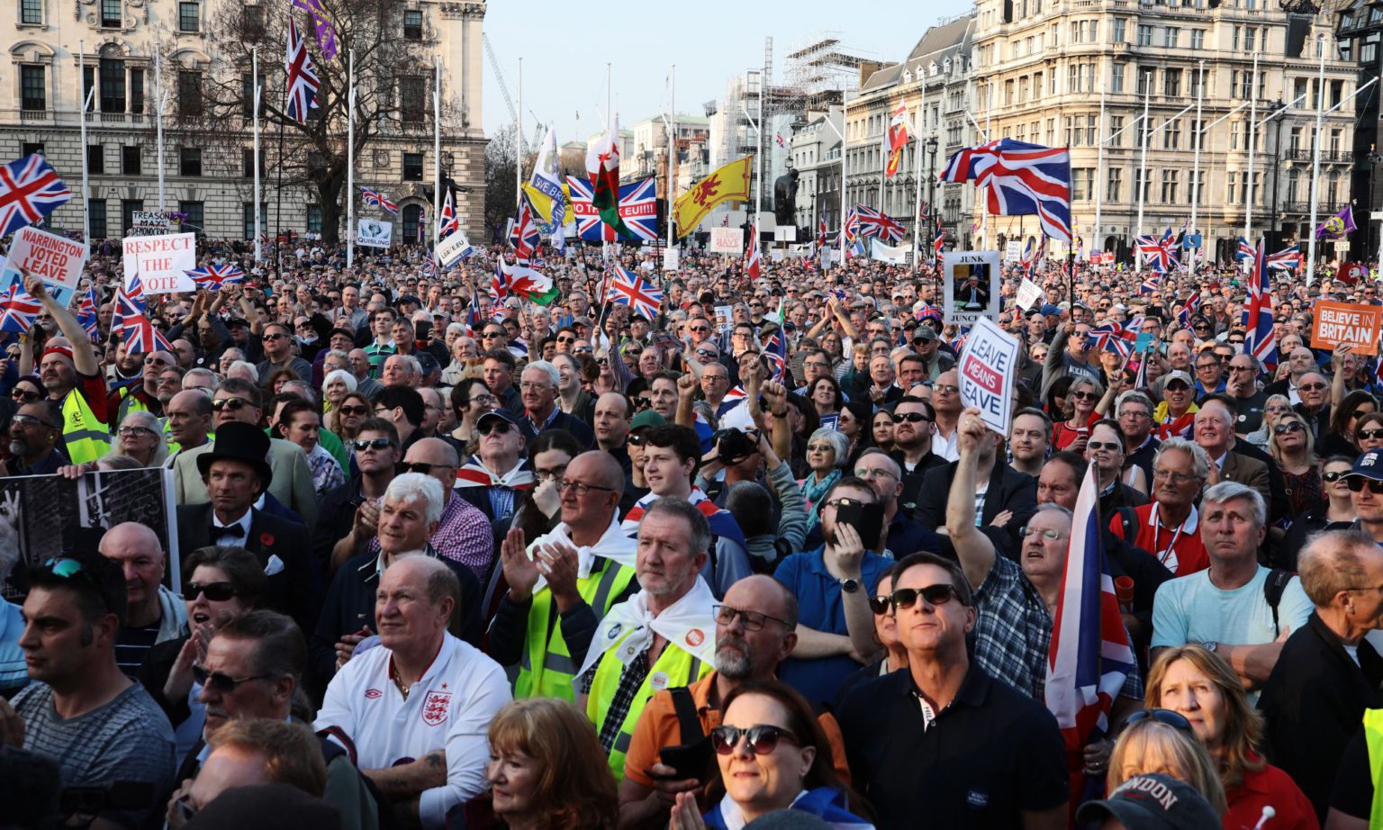 Brexit supporters gather in London for the 'March to Leave', 29 March 2019.