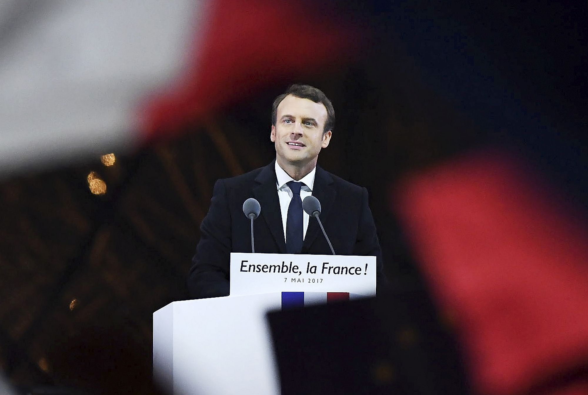 Emmanuel Macron addresses supporters after winning the French Presidential Election, at The Louvre, 7 May 2017.