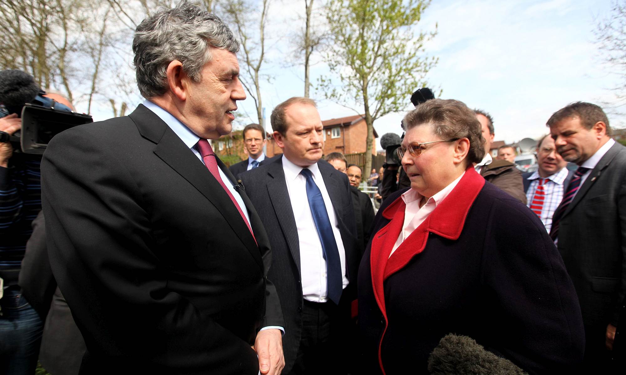 Prime minister Gordon Brown talks with resident Gillian Duffy on 28 April 2010, in Rochdale, England.