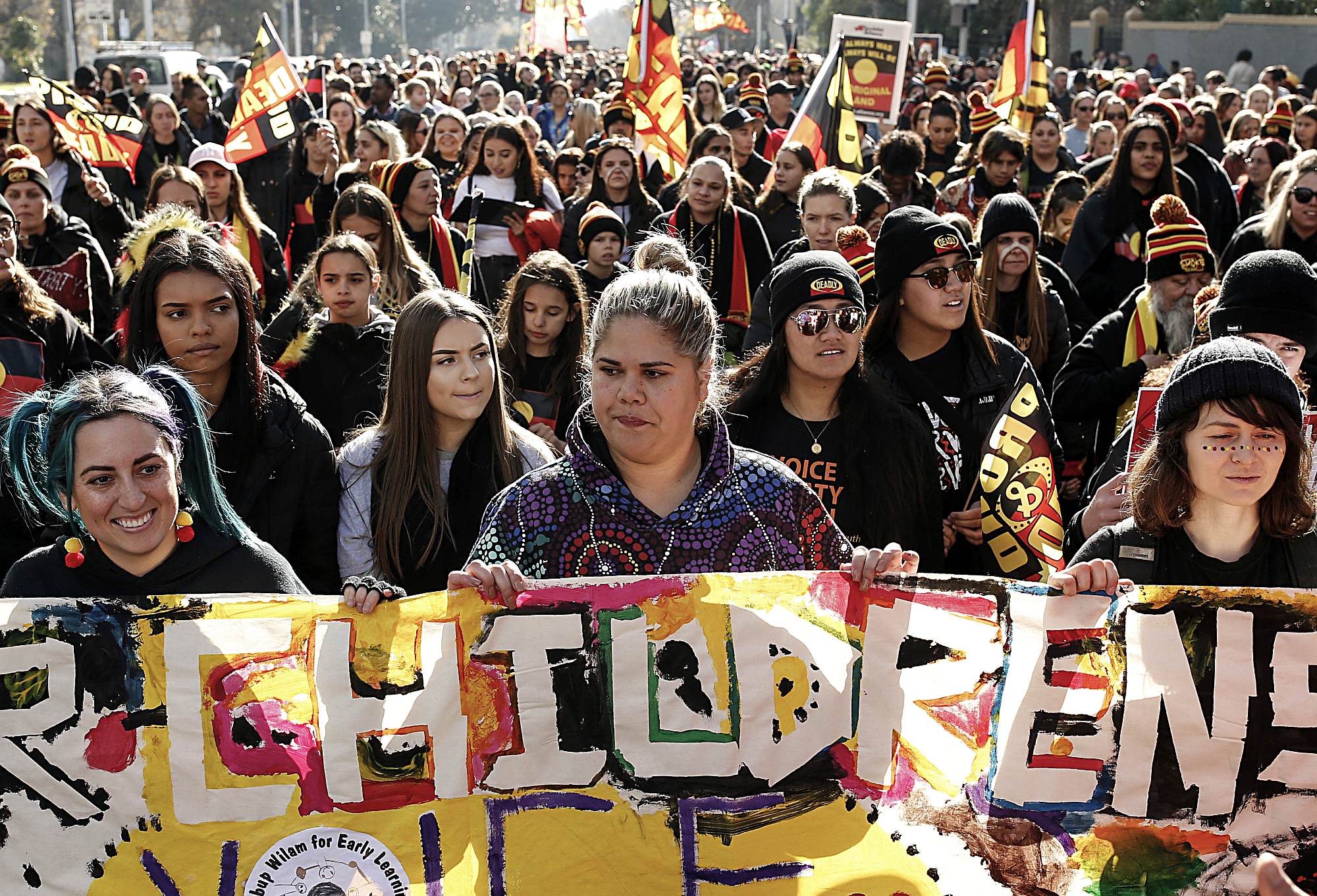 A march celebrating the history and culture of Aboriginal and Torres Strait Islanders, at start of NAIDOC week in Melbourne, Australia,, 5 July 2019.