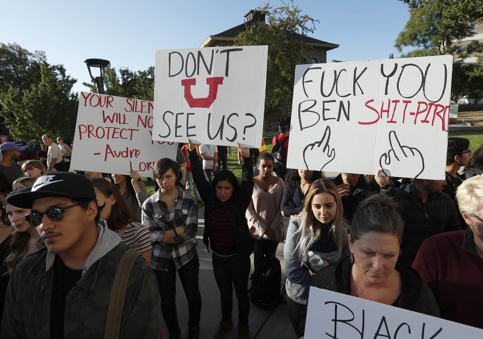 Students at the University of Utah protest against right-wing commentator Ben Shapiro, 27 September 2017.