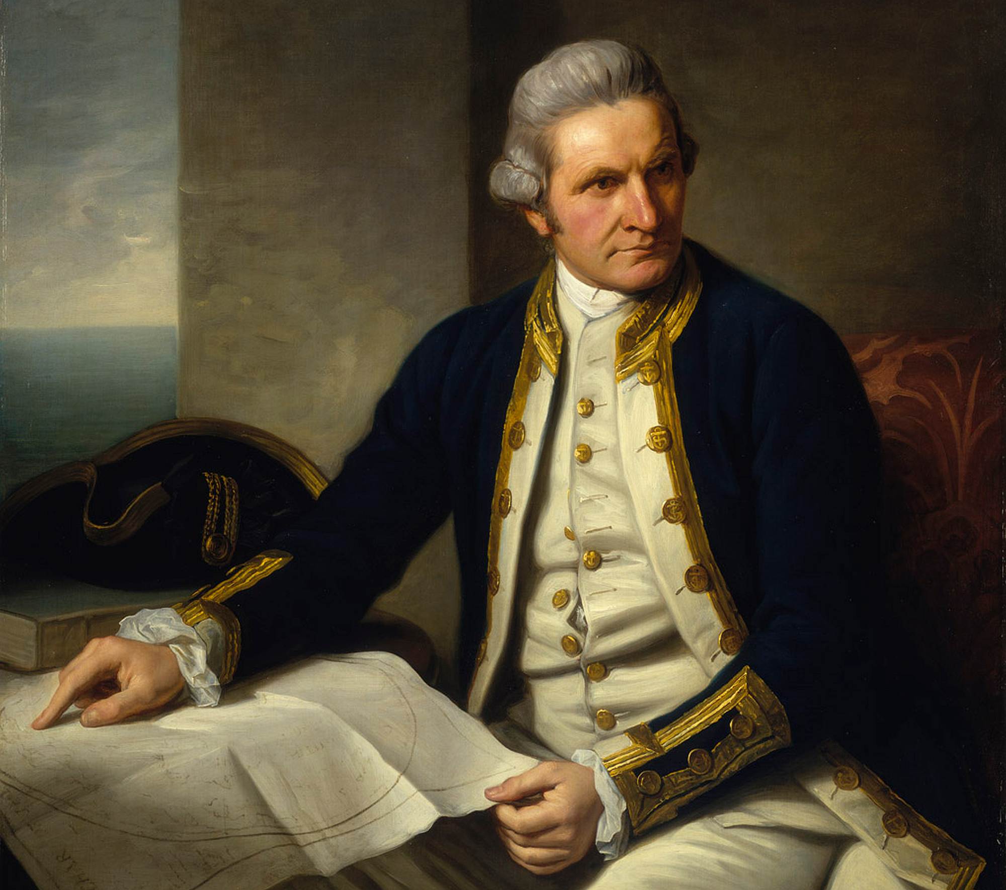 Official portrait of Captain James Cook (1775), at National Maritime Museum, UK.