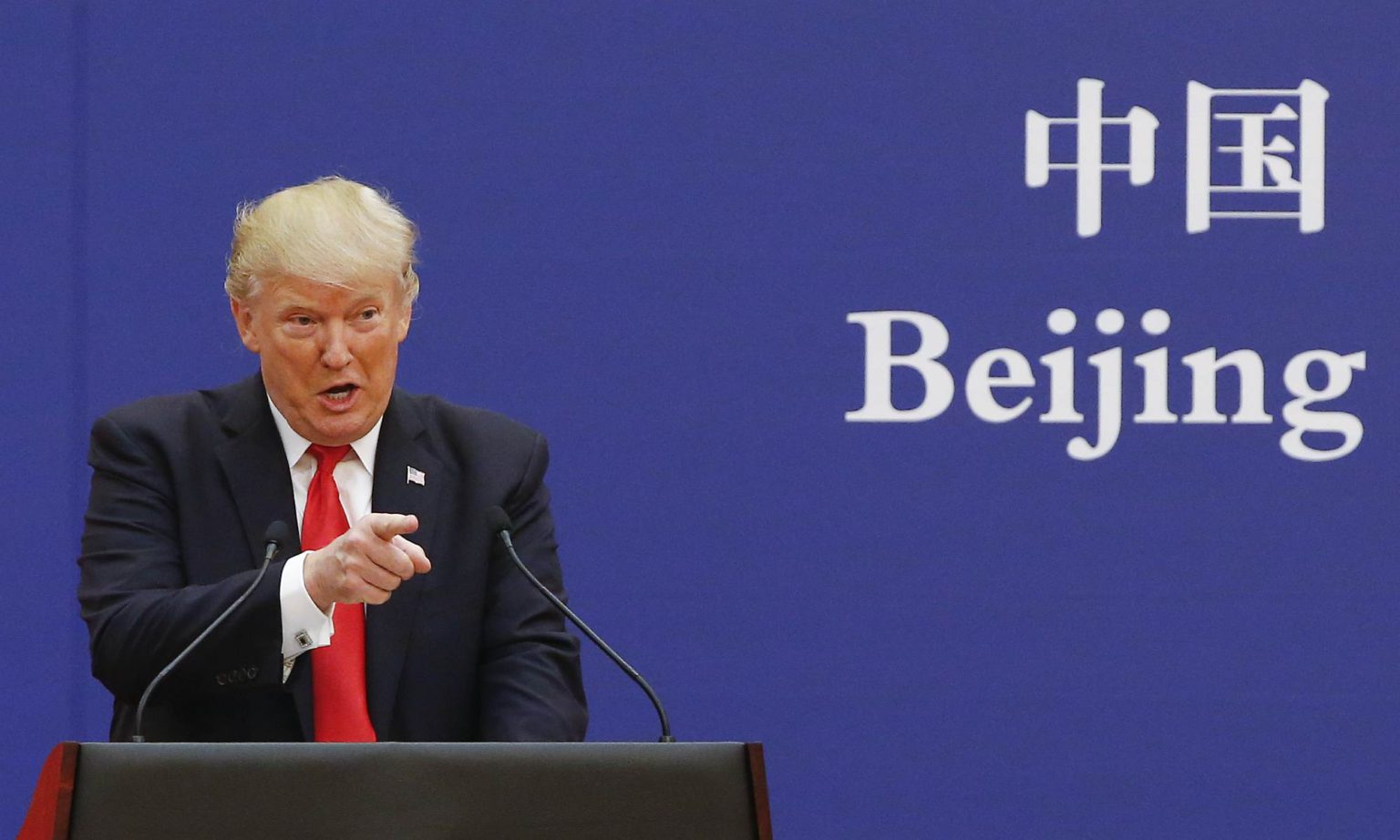Trump speaks to business leaders at the Great Hall of the People on 9 November, 2017, in Beijing, China.