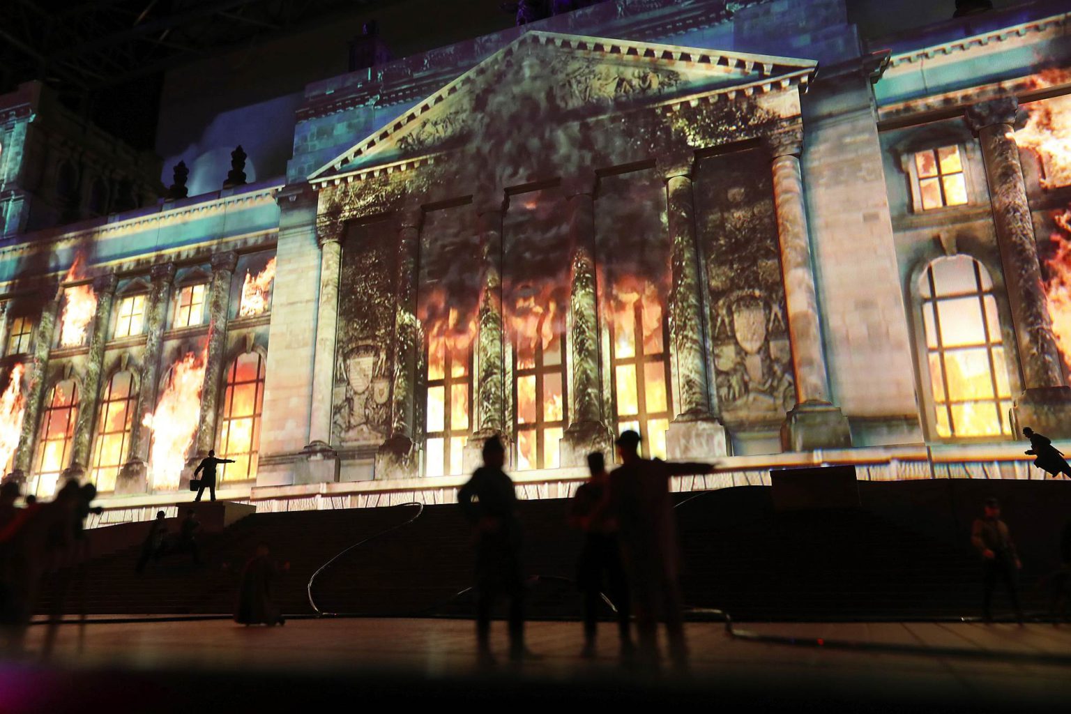 A representation of the Reichstag fire of February 27, 1933 on 27 February 2017 in Berlin.