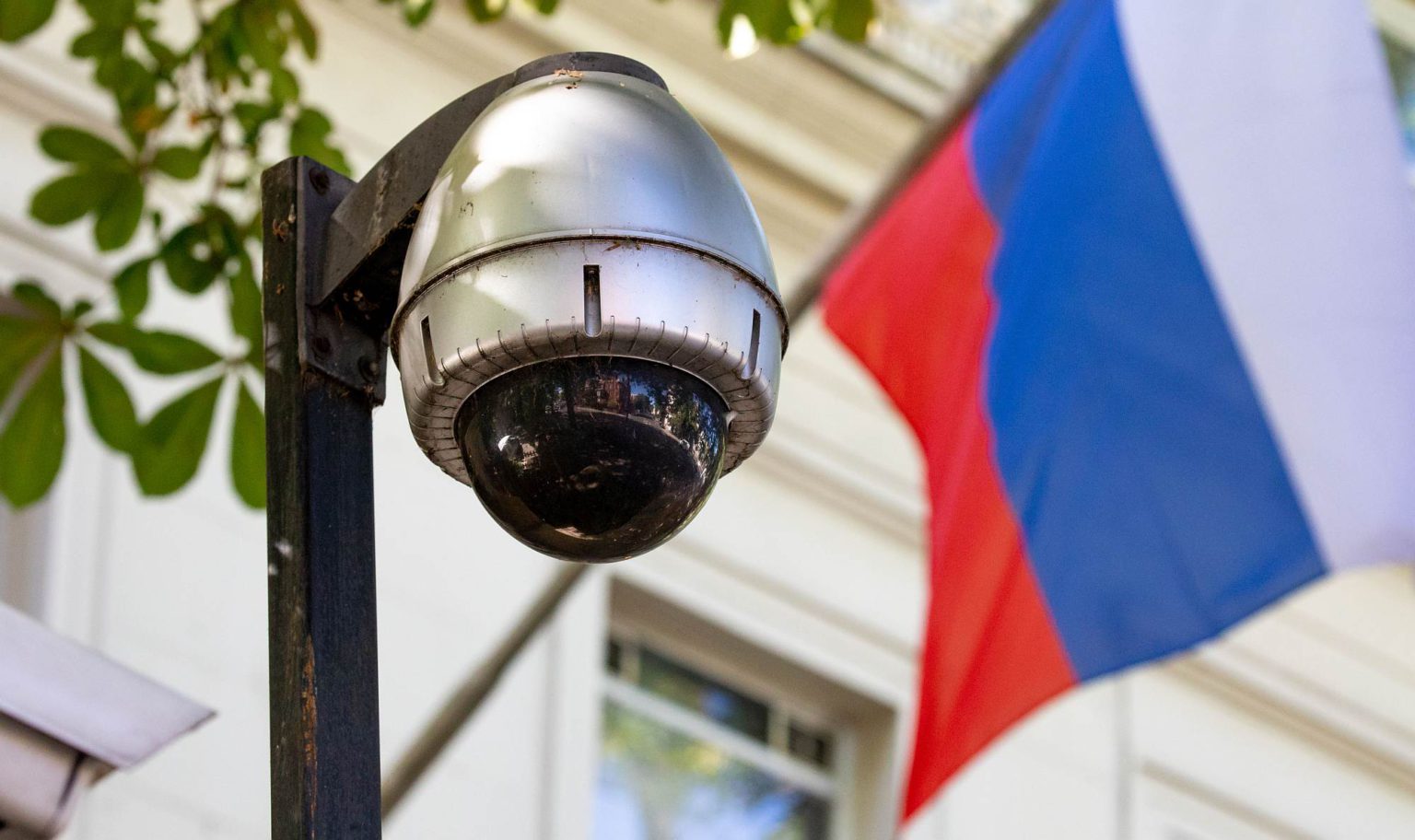 A security camera is seen outside the Russian embassy in London, on 21 July 2020.