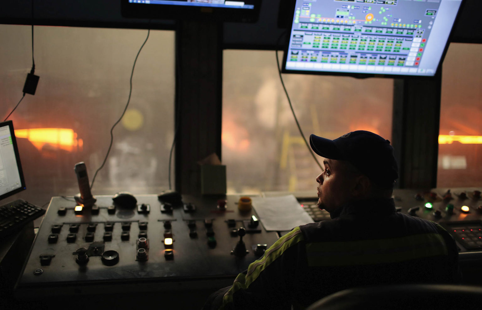 John Rodriguez monitors the operation of a steel mill on 15 March, 2018, in Portage, Indiana.