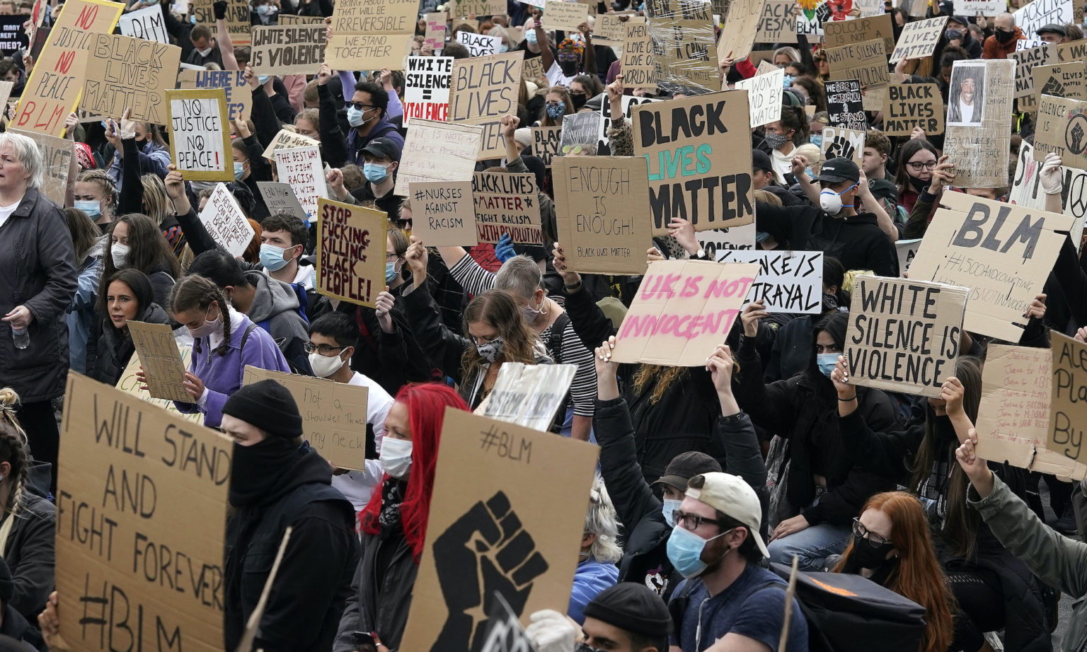 Protesters attend a second day of Black Lives Matter demonstrations in Manchester, 6 June 2020.