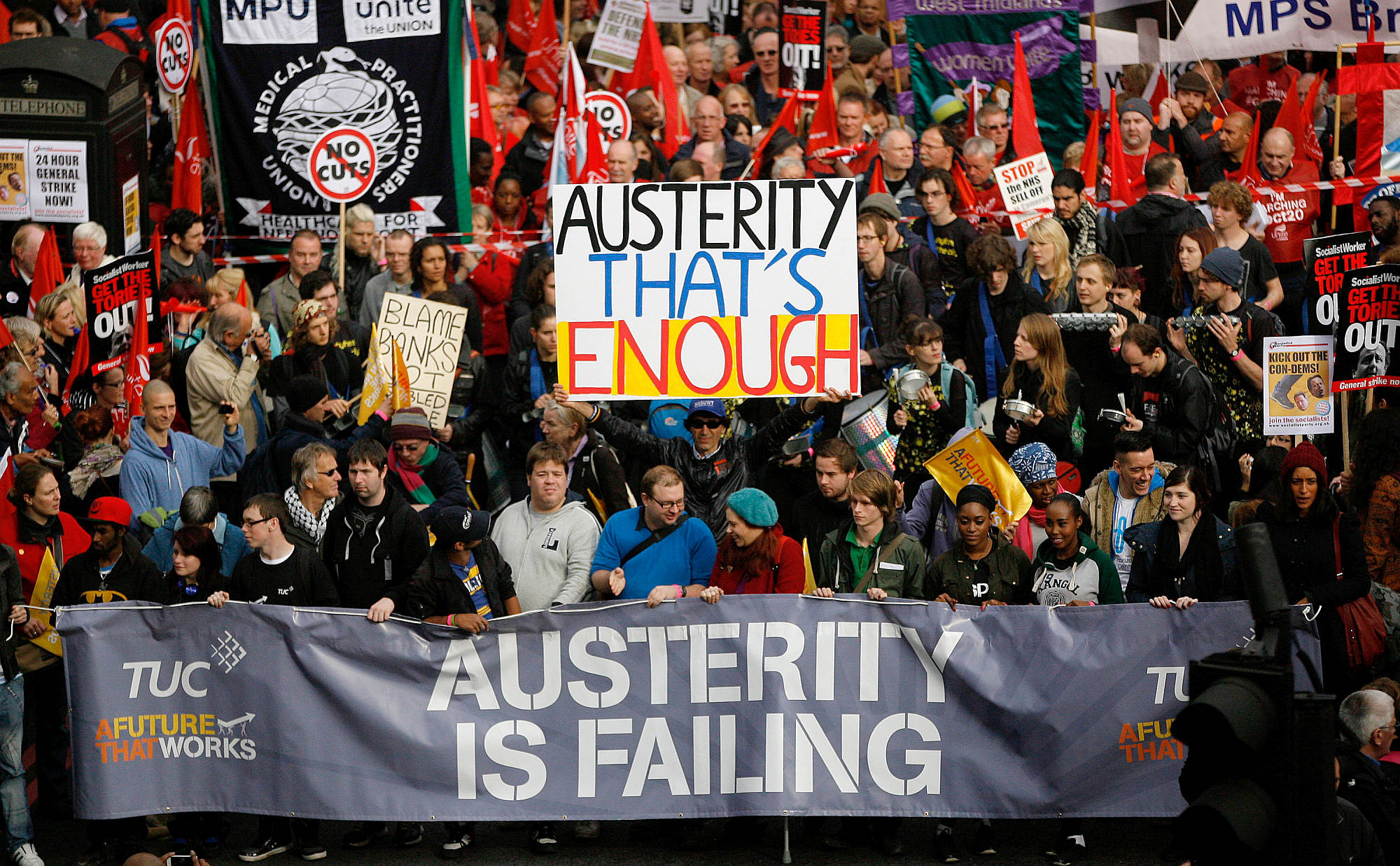 Demonstrators take part in a TUC protest against austerity measures in London, 20 October 2012.