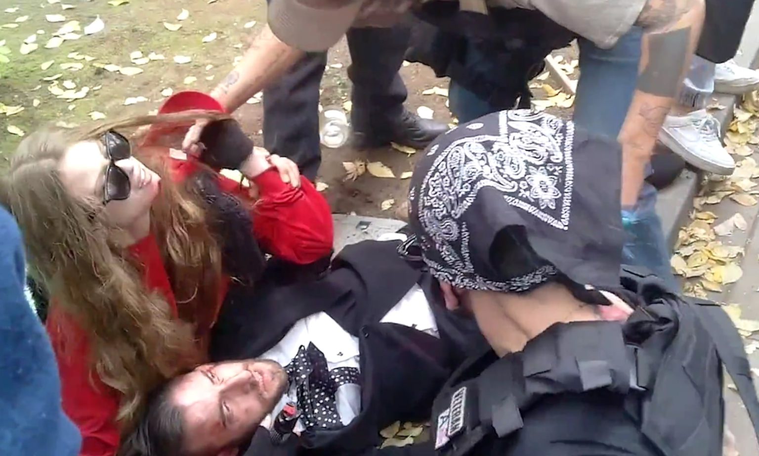 Antifa Sacramento led the attacks on those supporting a MAGA rally at the California Capitol. Antifa-aligned medics then offered help, much to the confusion of the victims. Sacramento, California, 5 December, 2020.