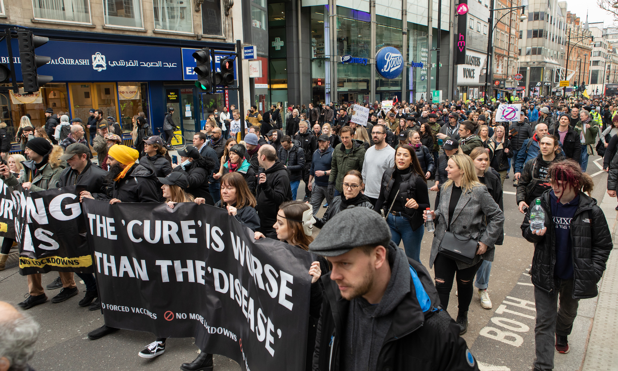Protesters march down Oxford Street.