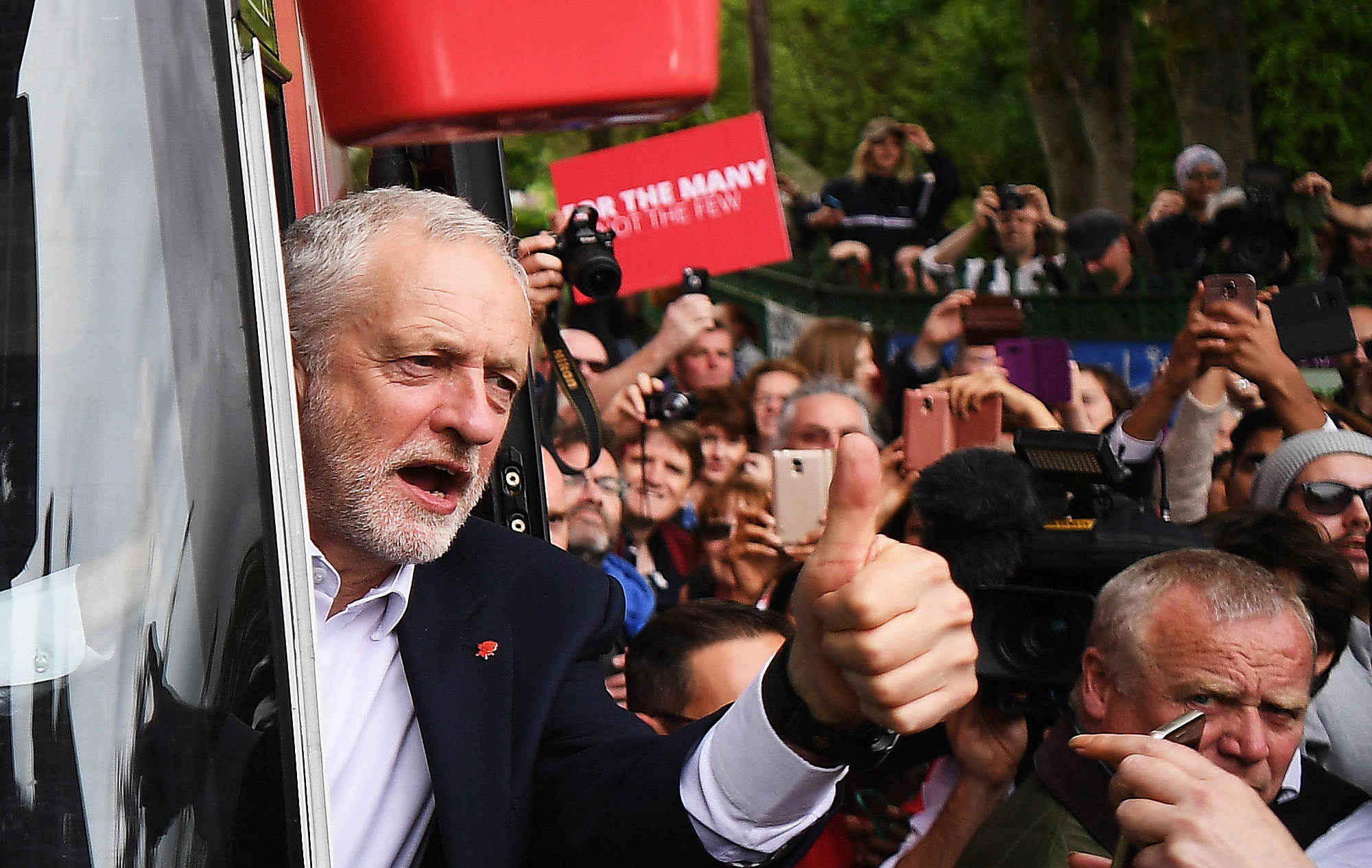 Labour leader Jeremy Corbyn acknowledges supporters in Huddersfield, 16 May 2017.