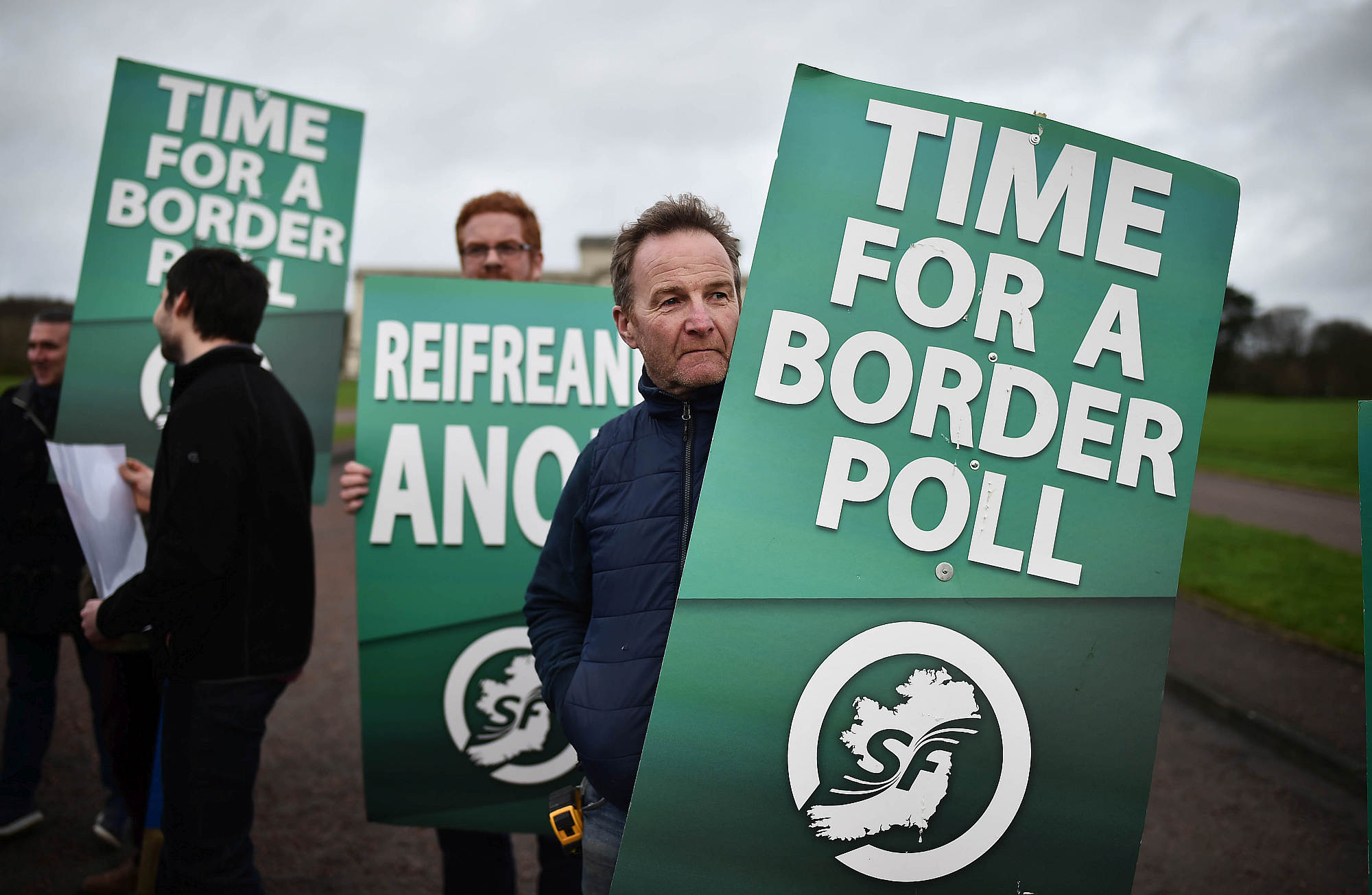 Protesters outside Stormont calling for a border poll, 31 January 2020.