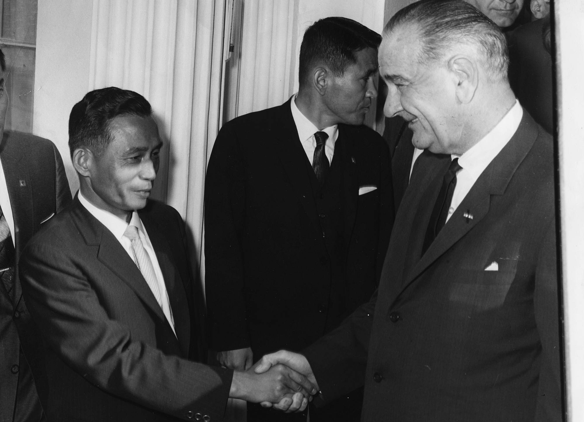 General Park, president of South Korea, shaking hands with US President Lyndon B Johnson, on a visit to the United States, Washington DC, 25 May 1965.