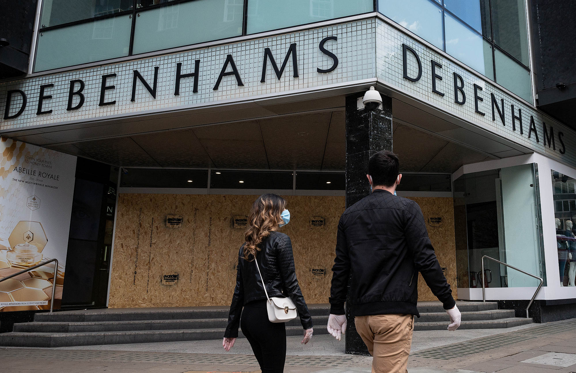 A boarded-up Oxford Street branch of the department store Debenhams, on 6 April 2020.