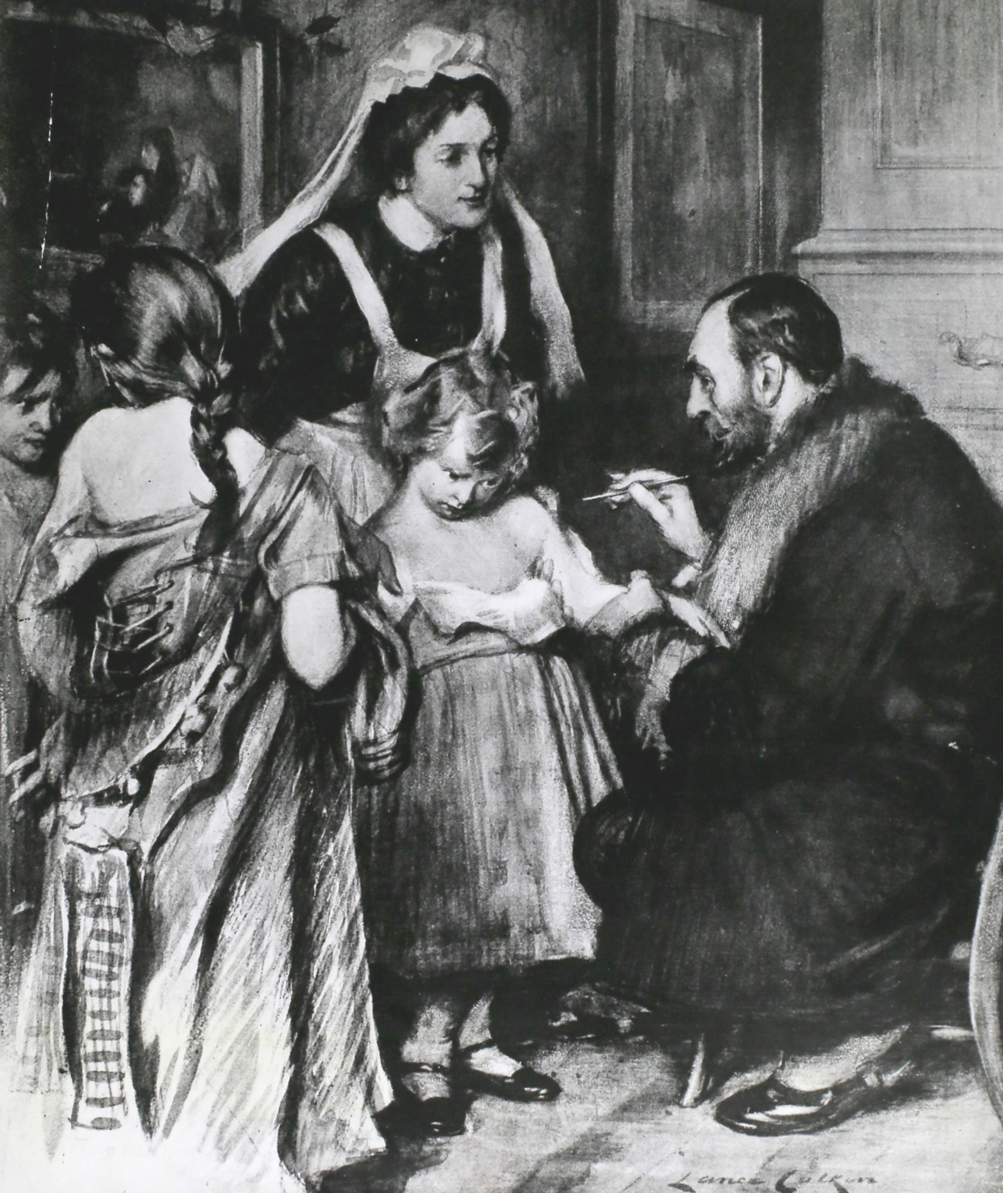 A little girl being vaccinated during the smallpox epidemic in London, 1902. Drawn by Lance Culkin. (Photo by Hulton Archive/Getty Images)