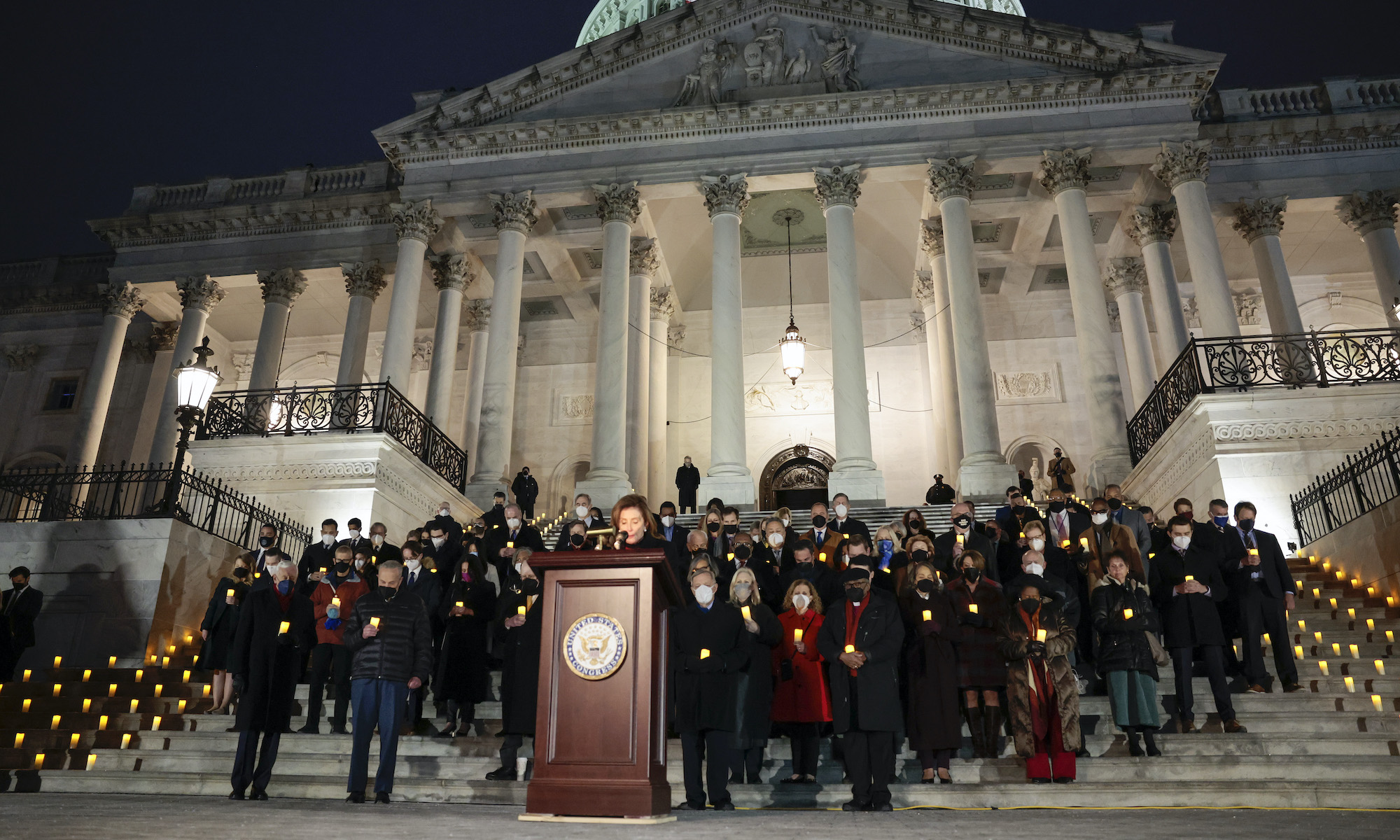 Speaker of the House Nancy Pelosi attends a vigil commemorating the anniversary of the Capitol riot, 6 January 2022.