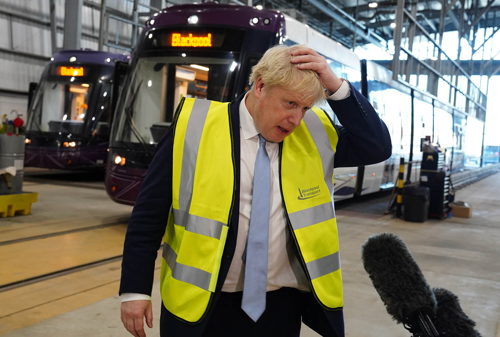Boris Johnson promotes the Levelling Up white paper at Blackpool transport depot, 3 February 2022.