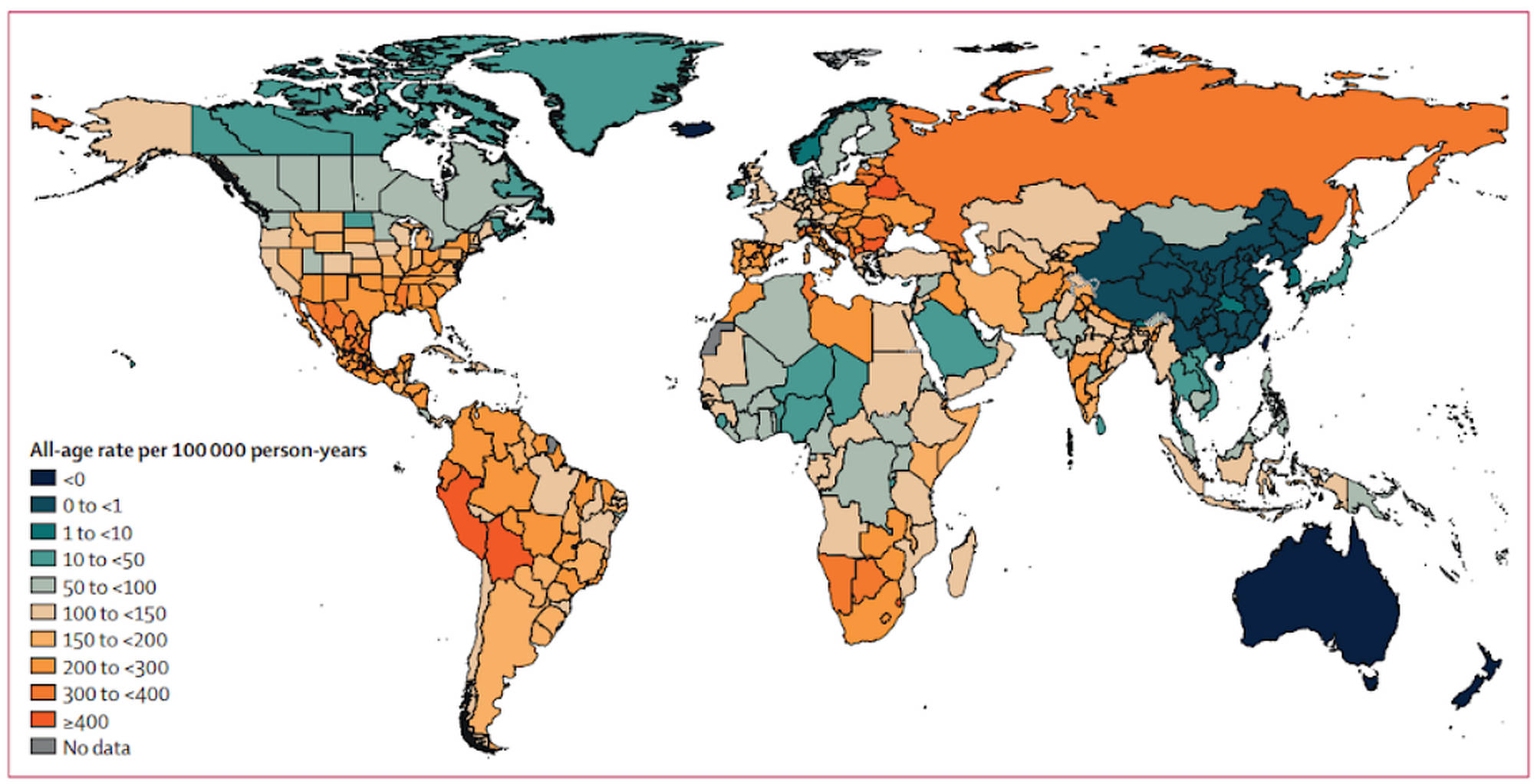 Global distribution of estimated excess-mortality rate due to the Covid-19 pandemic, for the cumulative period, 2020-21