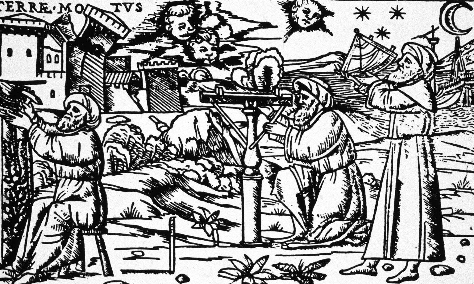 Woodcut of astronomers using sighting devices, said to be Caliph al-Mamun of Baghdad, late 15th century.(Getty).