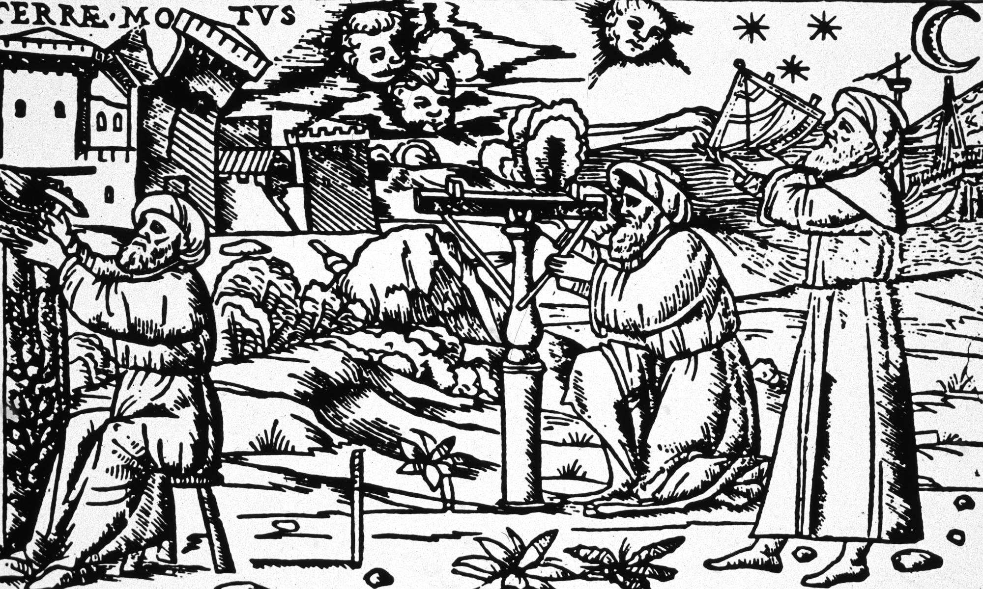 Woodcut of astronomers using sighting devices, said to be Caliph al-Mamun of Baghdad, late 15th century.(Getty).