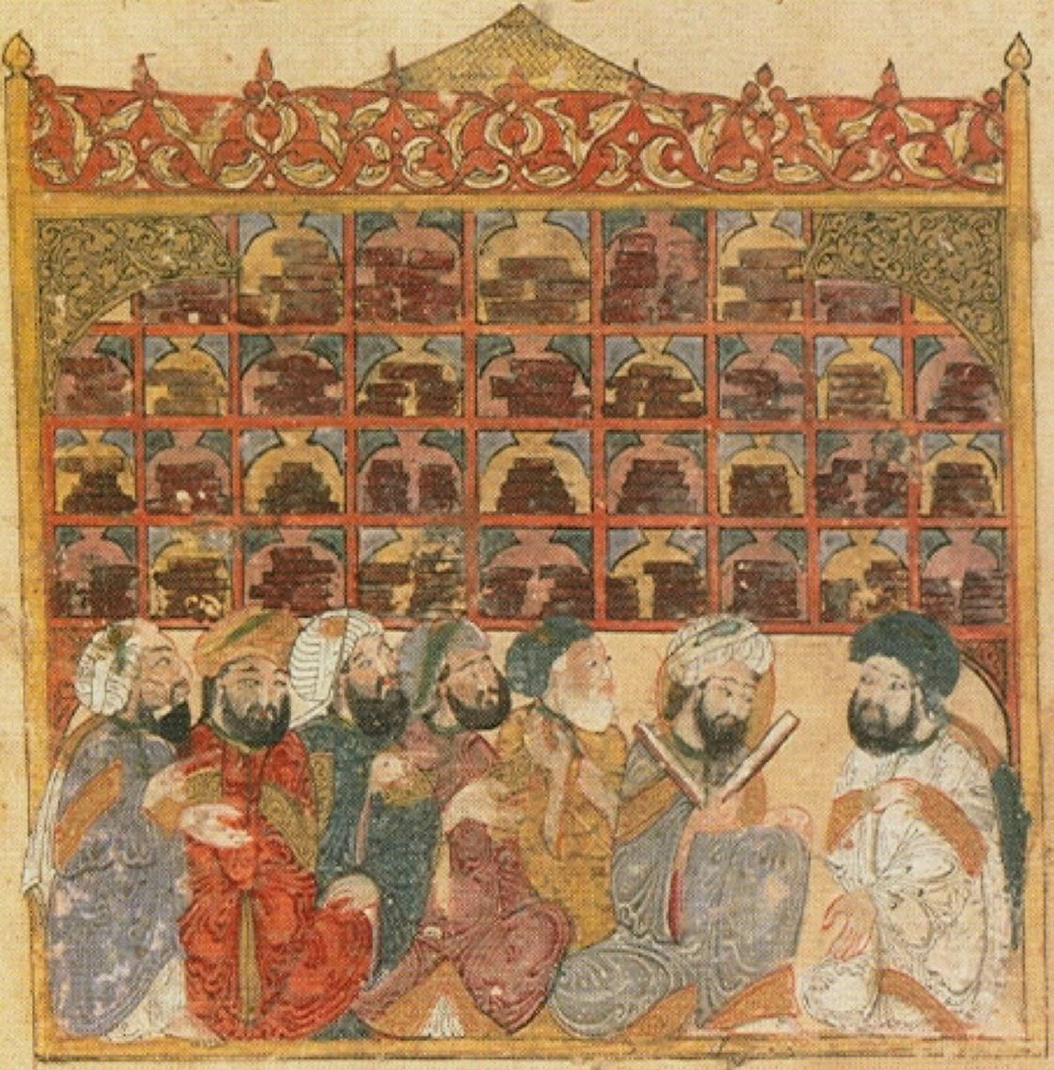 Scholars in library of the House of Wisdom, by Yahya al-Wasiti (1237 AD).