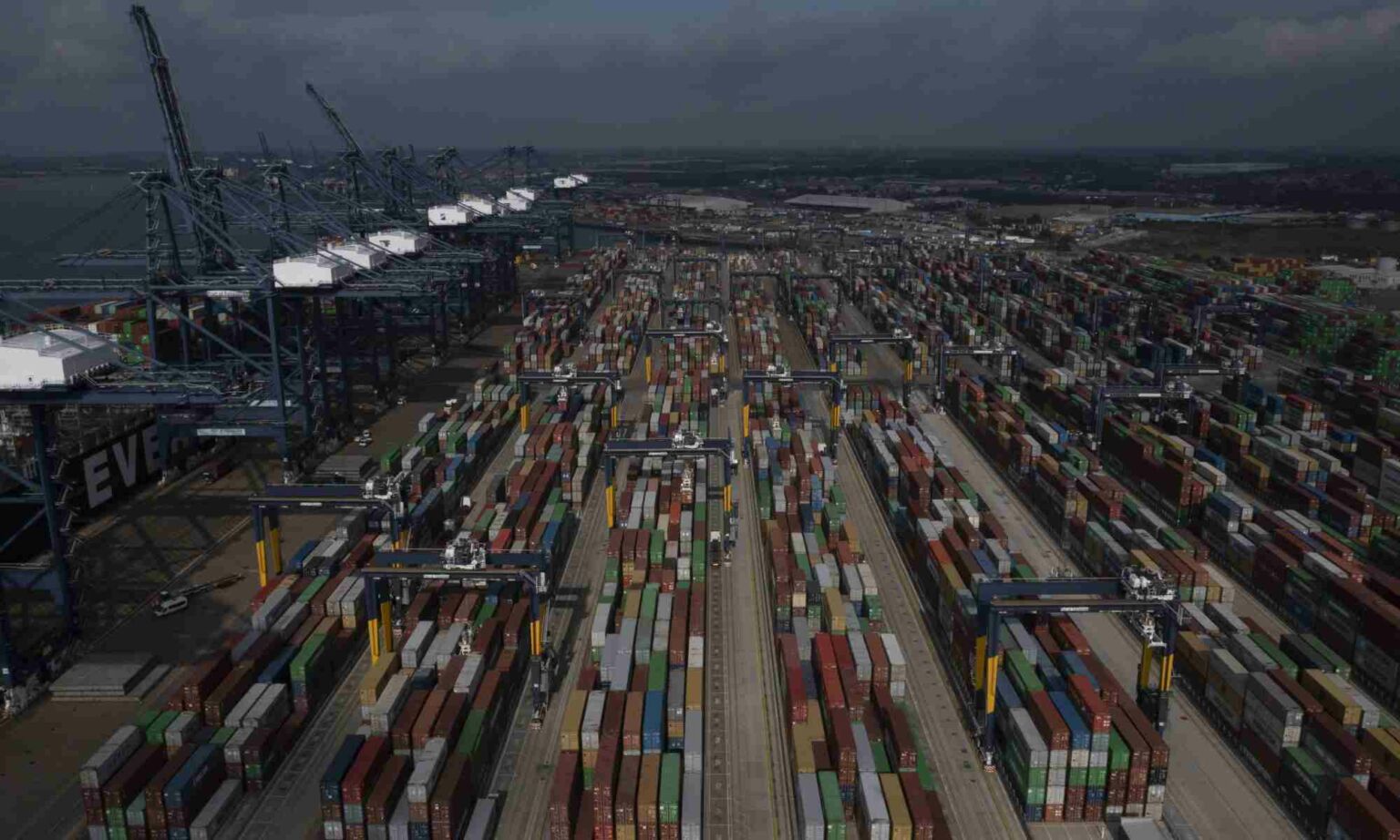 Containers pile up at Felixstowe, the UK's busiest freight port, as supply-chain problems cause major delays.