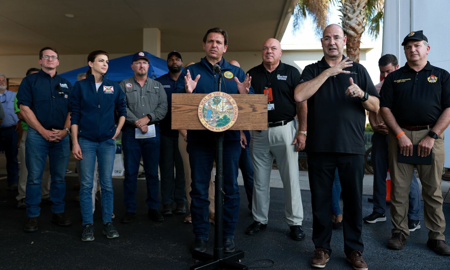 Florida Governor Ron DeSantis holds a press conference after hurricane Ian hits Florida, 4 October, 2022.