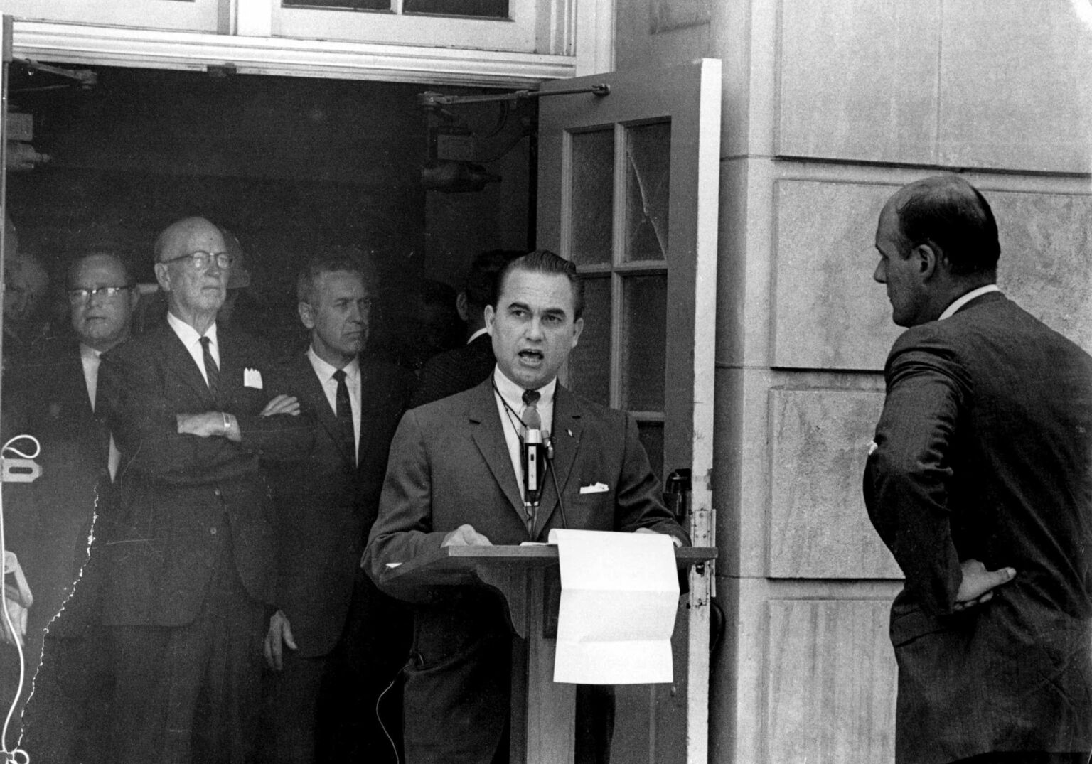 Governor George Wallace speaks at the University of Alabama in Tuscaloosa, publicly refusing to allow African-American students entry to the school despite a federal mandate, 11 June, 1963.