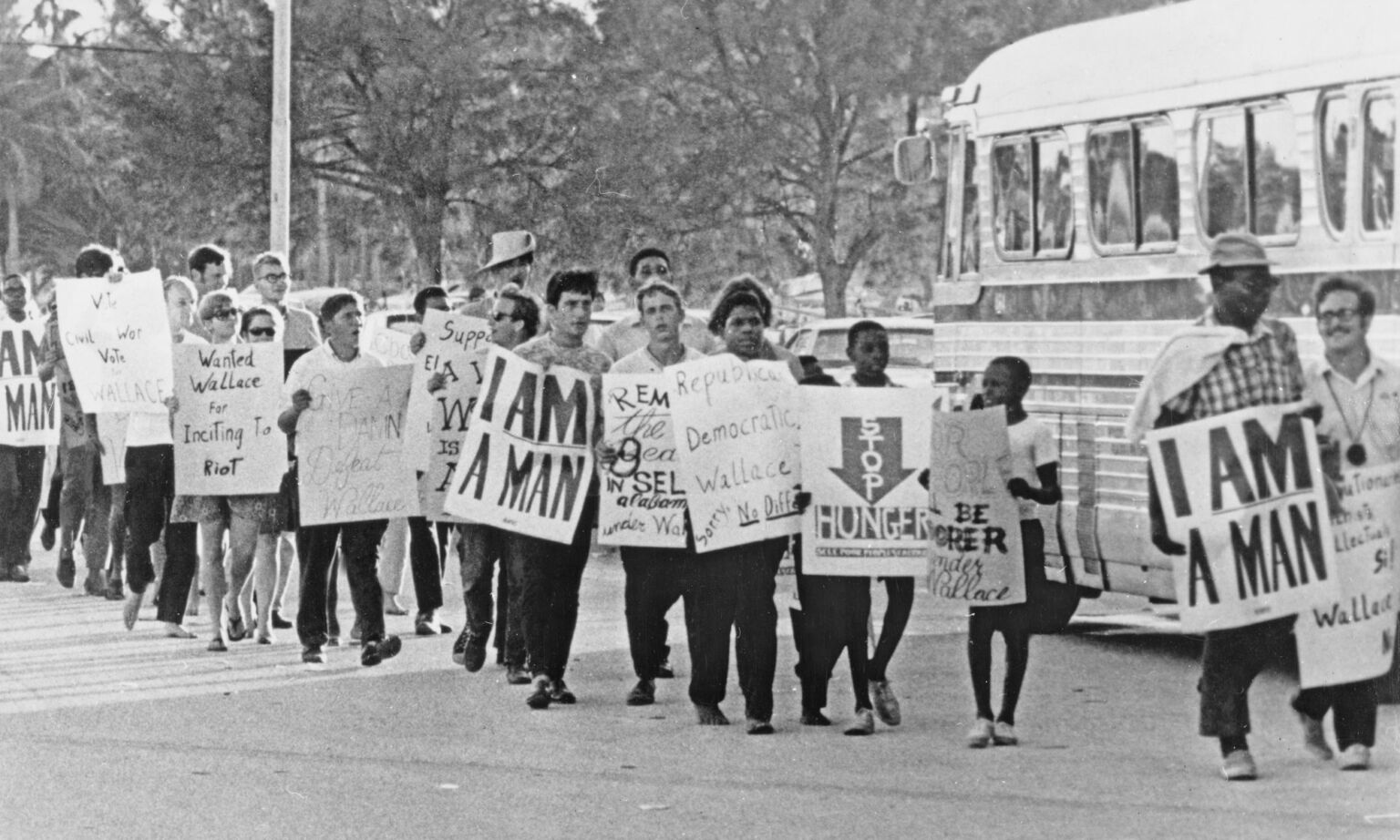 Demonstrators protest against former governor of Alabama and presidential candidate George Wallace outside the Republican National Convention, August, 1968.