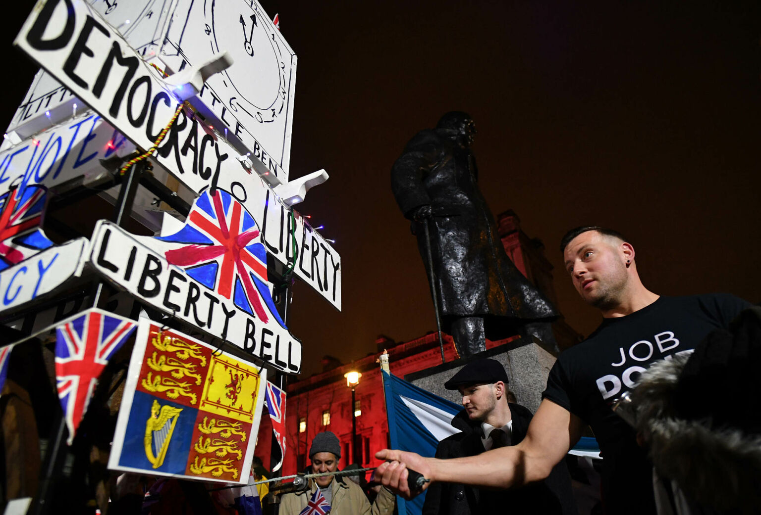 Brexit supporters gather ahead of the Brexit Day celebration party at Parliament Square, 31 January 2020.