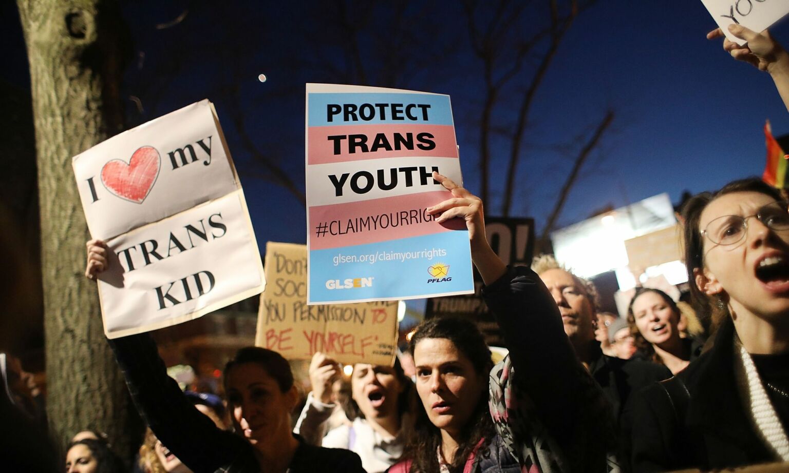 Trans-rights activists protest in New York City, 23 February 2017.