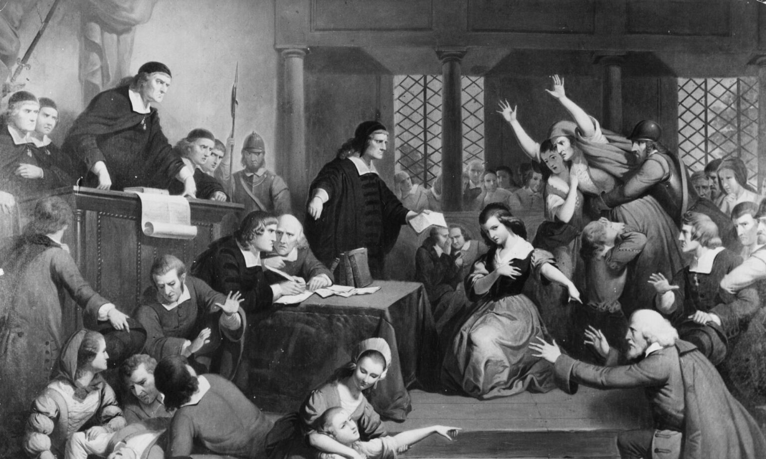 People fainting and causing disorder in a courtroom during the trial of suspected witch, 1692. 