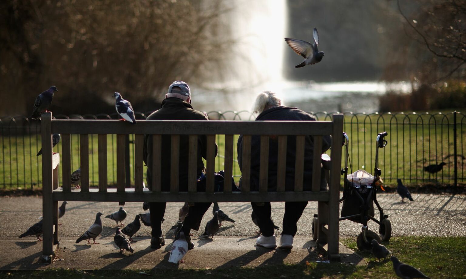A couple feed pigeons in St James's Park in London.