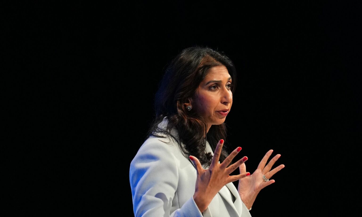 Suella Braverman speaks on the third day of the Conservative Party Conference on October 03, 2023.