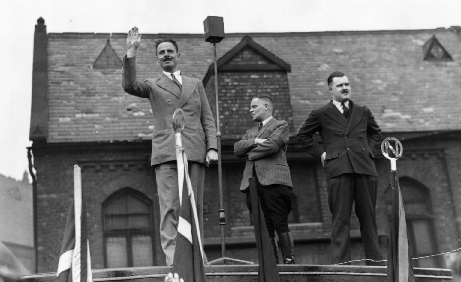 Oswald Mosley with body guards during a march at Albert Croft, Manchester, 1936.
