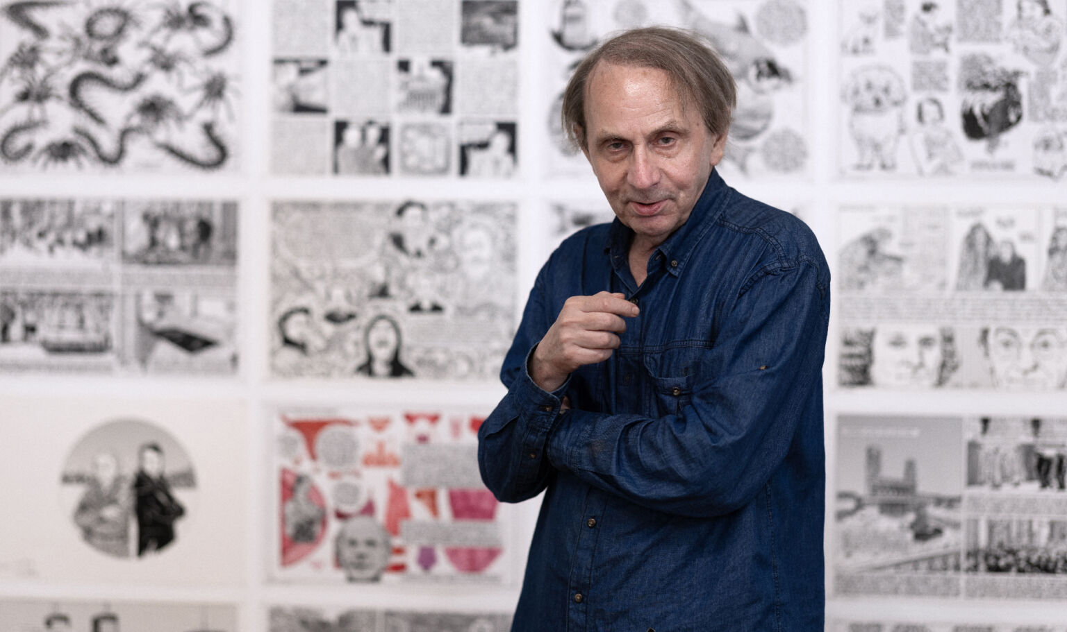 Michel Houellebecq at an exhibition of the comic book adaptation of 'The map and the territory', Paris, 30 June 2023.