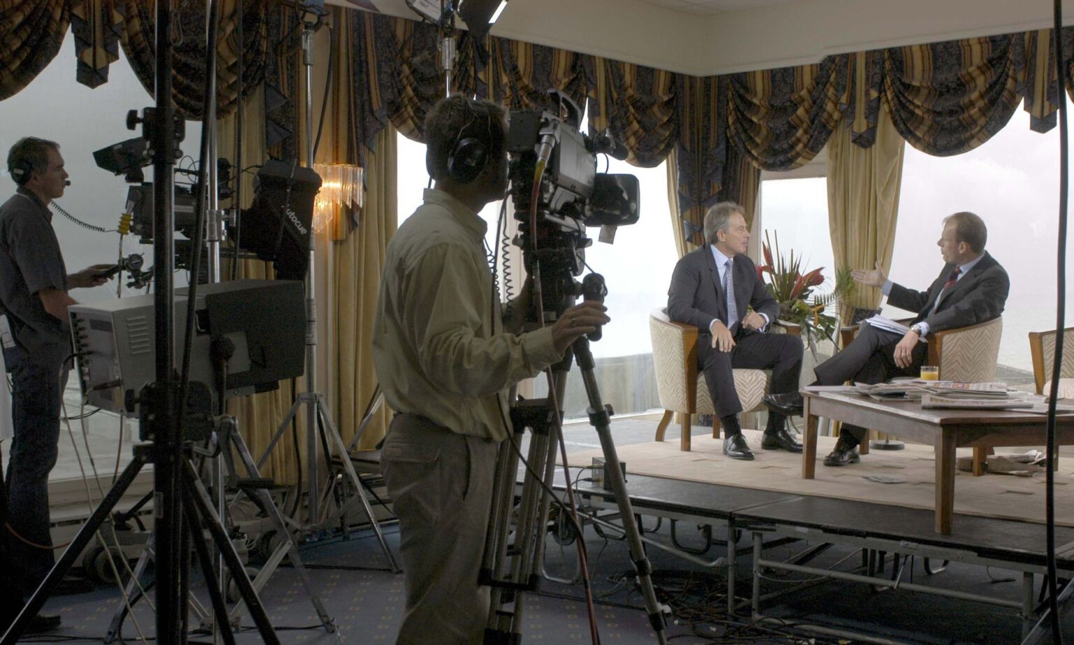 Prime Minister Tony Blair with presenter Andrew Marr on the eve of the 2005 Labour Party conference in Brighton.