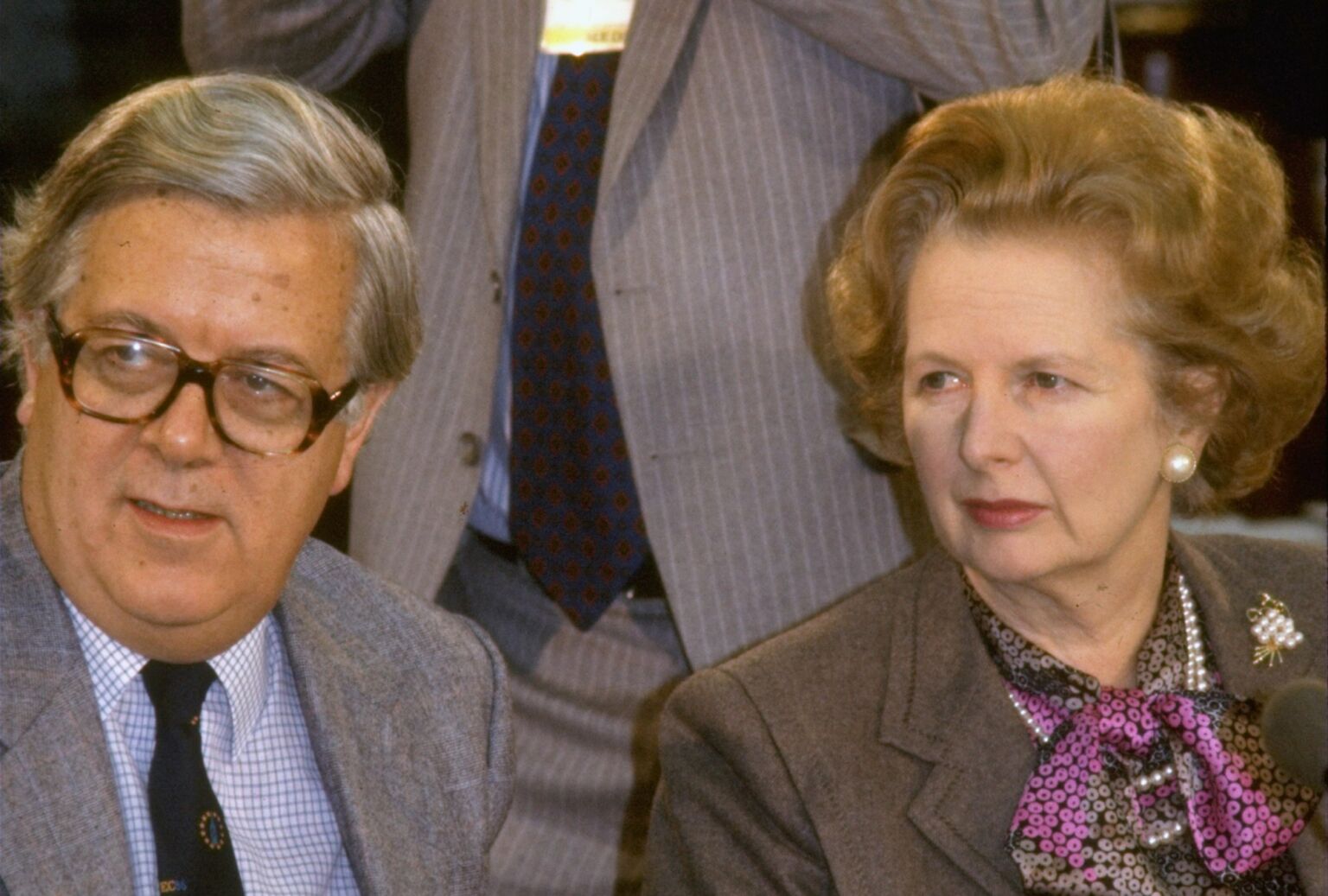 Geoffrey Howe and Margaret Thatcher during an EEC summit, 1 December 1986