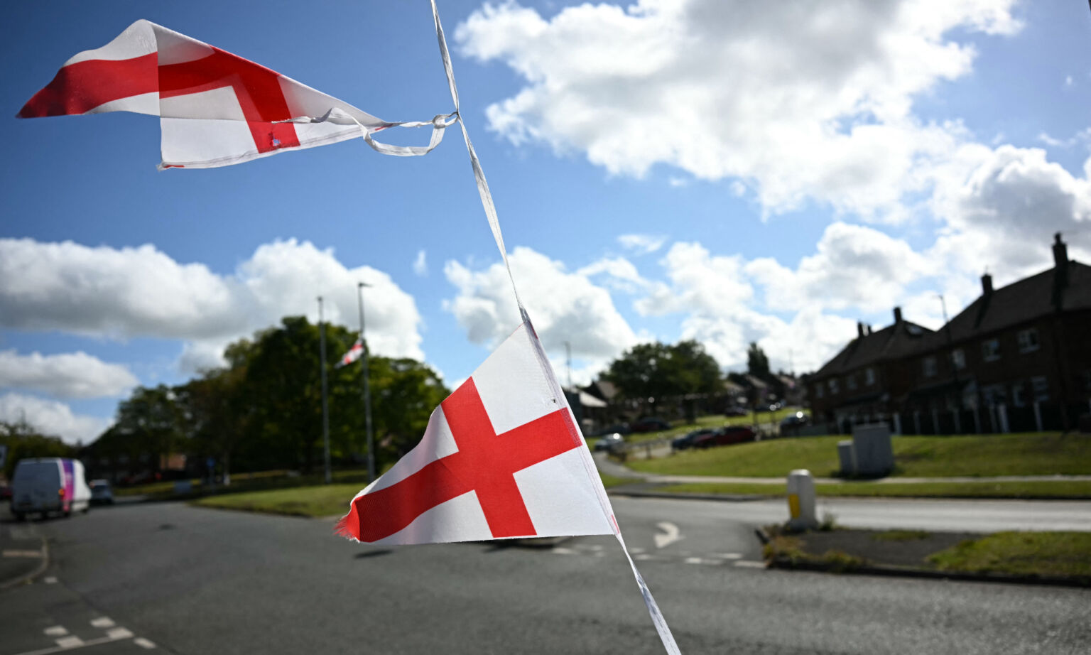 St Georges Cross bunting flutter in the wind, in Worcester, south-west England, 3 September 2025.