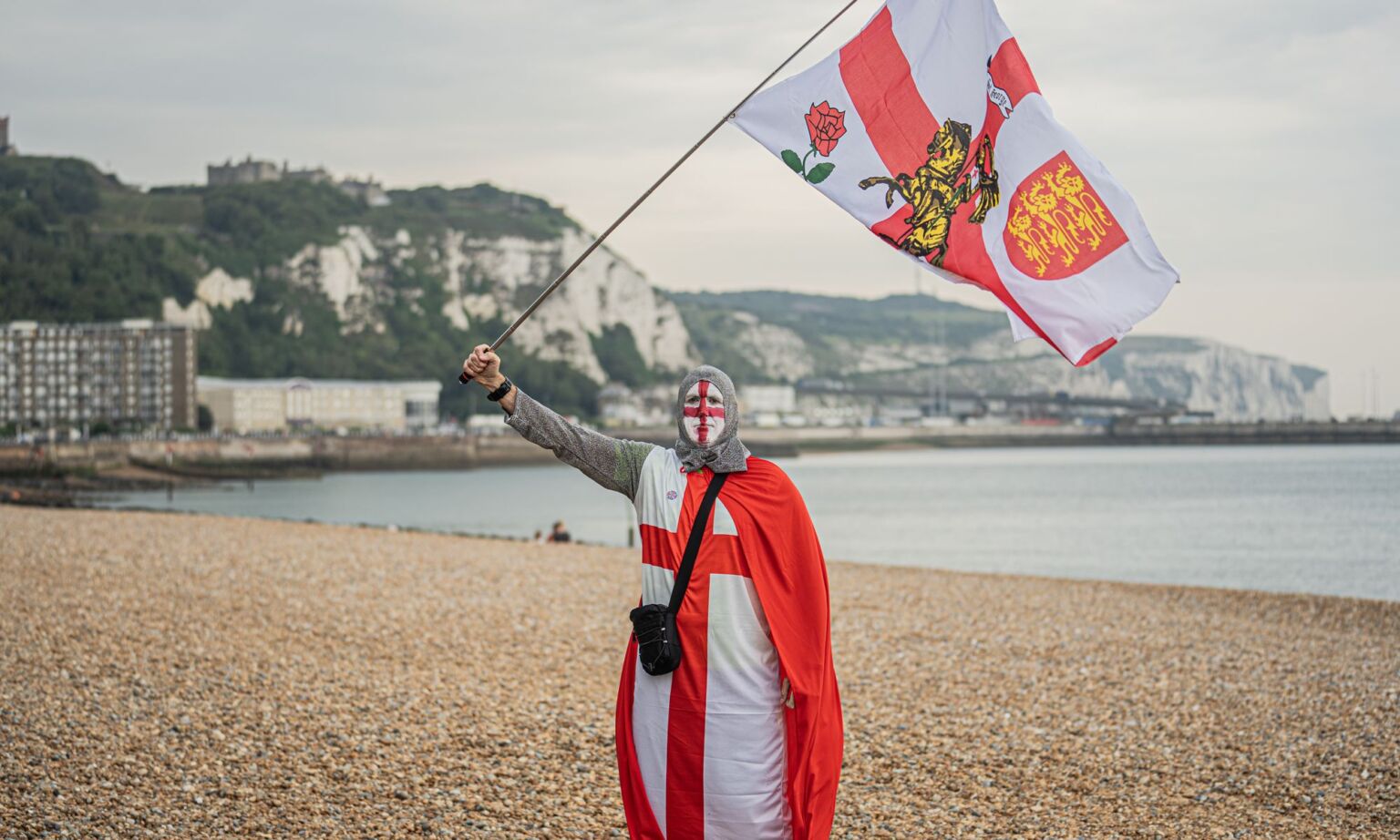 A 'crusader' at an anti-immigration protest in Dover, 2025.