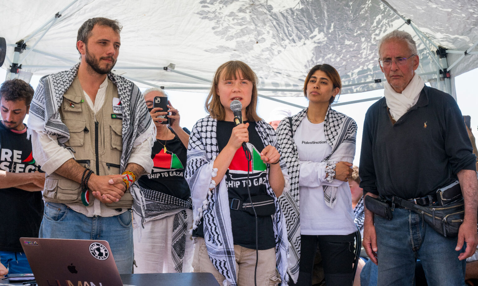 Greta Thunberg with the crew of the Freedom Flotilla Coalition, shortly before departing for Gaza, 1 June 2025.