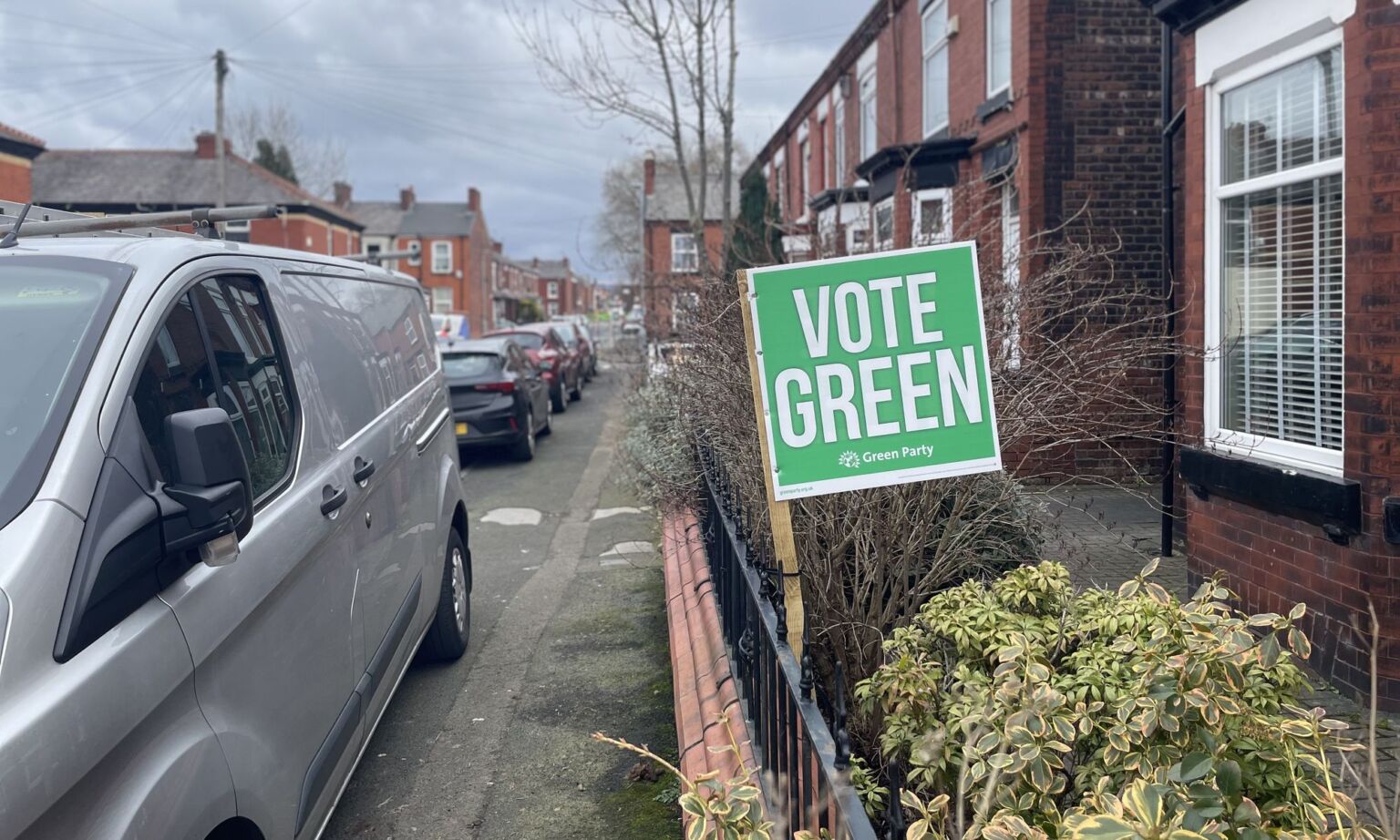 A Green Party sign in Gorton and Denton, Greater Manchester.