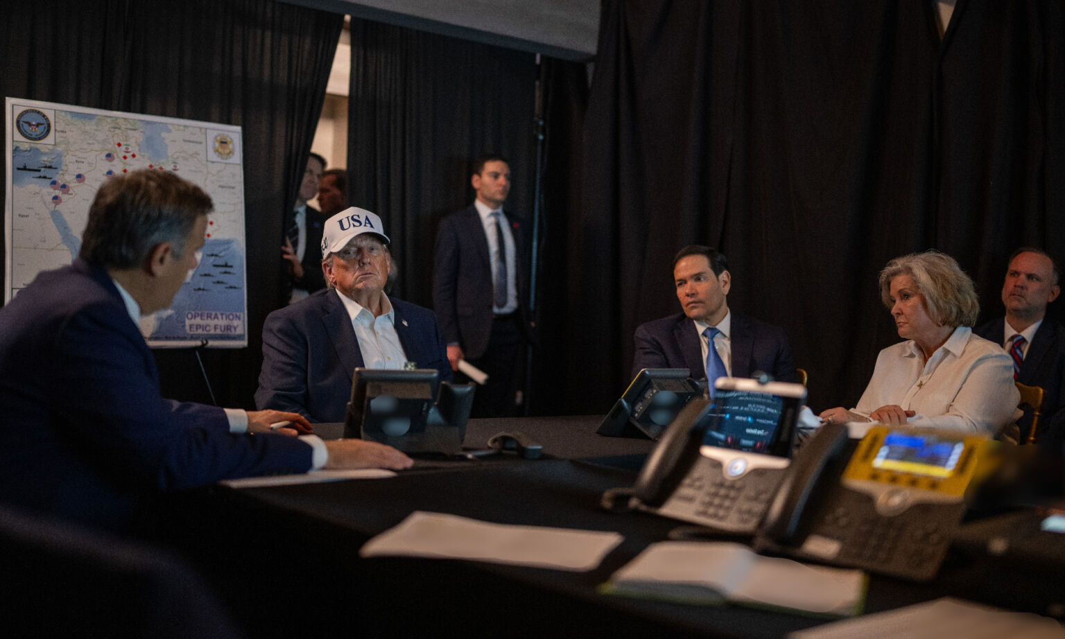 Donald Trump oversees 'Operation Epic Fury' with (L-R) CIA director John Ratcliffe, secretary of state Marco Rubio and chief of staff Susie Wiles at Mar-a-Lago, Florida, 28  February 2026.