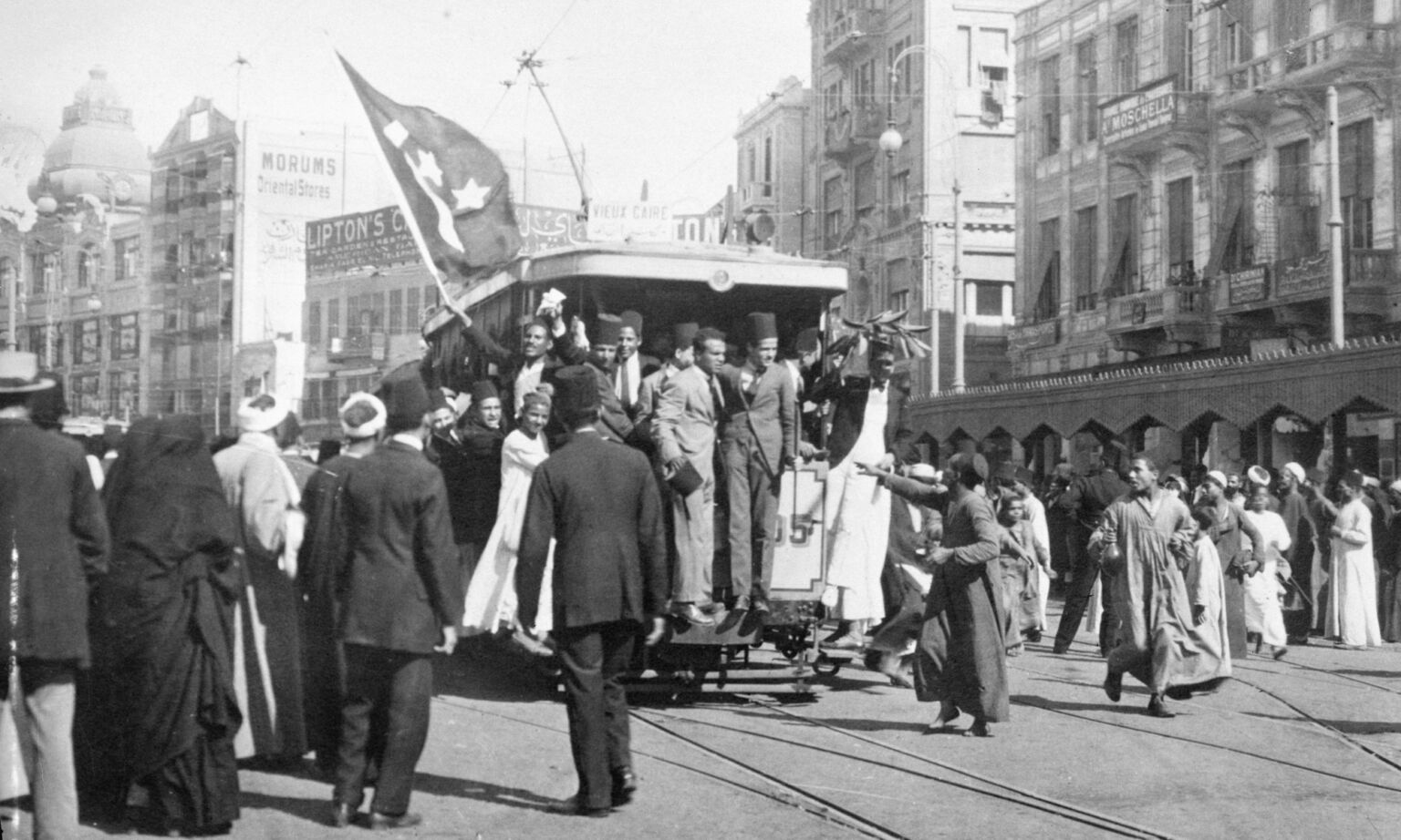 Students in Cairo taking possession of street cars during rioting, 30 December 1919.