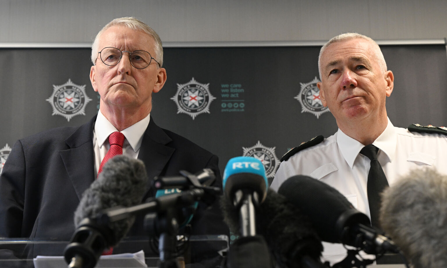 Northern Ireland secretary Hilary Benn, and PSNI chief constable Jon Boutcher attend a press conference in Belfast, 10 June 2026.
