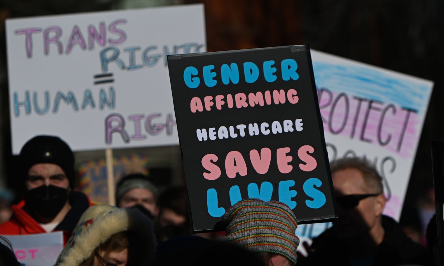 Canadian activists protesting against proposed LGBTQ2S+ legislation in Edmonton, Alberta, on 3 February 2024.
