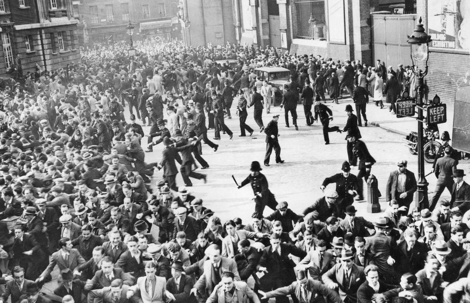 Anti-fascists are pushed back by the police during the Battle of Cable Street, 4 October 1936.